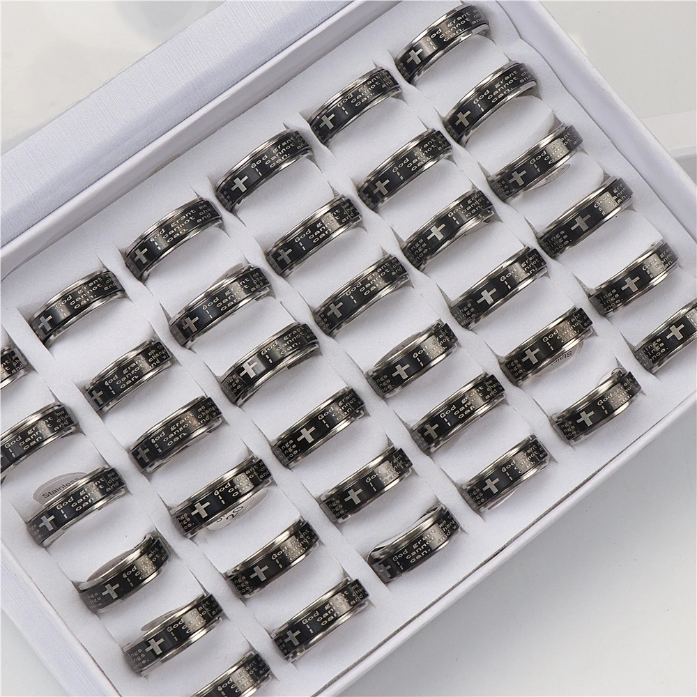 36pcs/lot Men\'s Serenity Prayer Stainless Steel Spinner Rotate Rings For Women Christian Jewelry