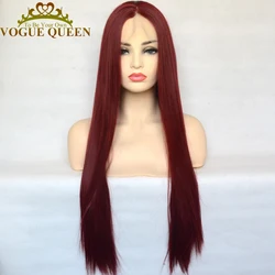 Vogue Queen Burgundy Red Synthetic T Lace Front Silky Straight Heat Resistant Fiber Cosplay Wig For Women