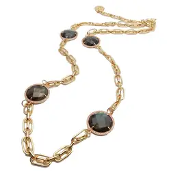 Y·YING Natural Labradorite Coin Shape Cubic Zirconia Pave Bezel Set Gemstone Chain Long Necklace 29