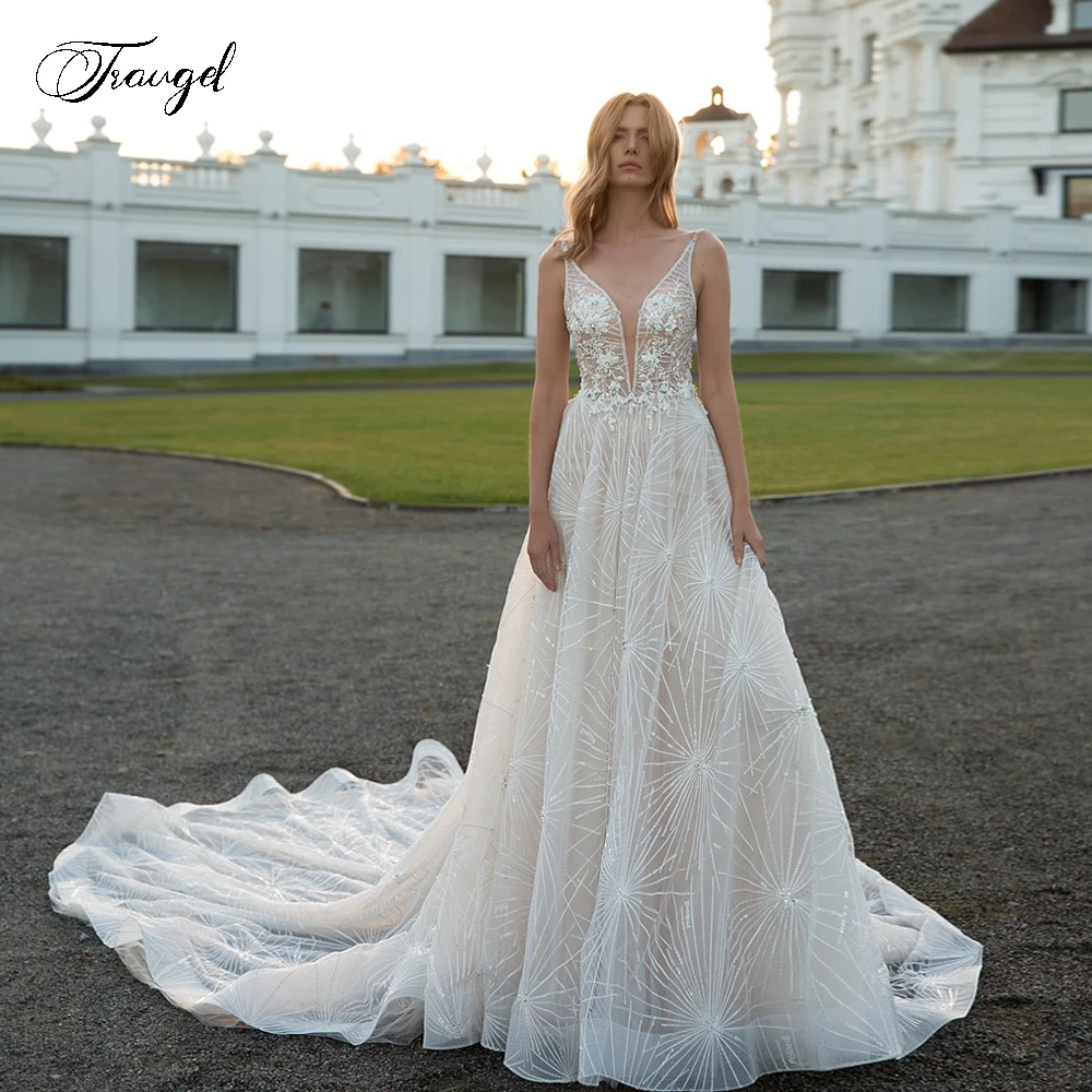 Traugel A-Line Beach Shiny Wedding Dresses V-Neck Spaghetti Straps Vestido De Novia Beaded Lace Appliques Bridal Gowns