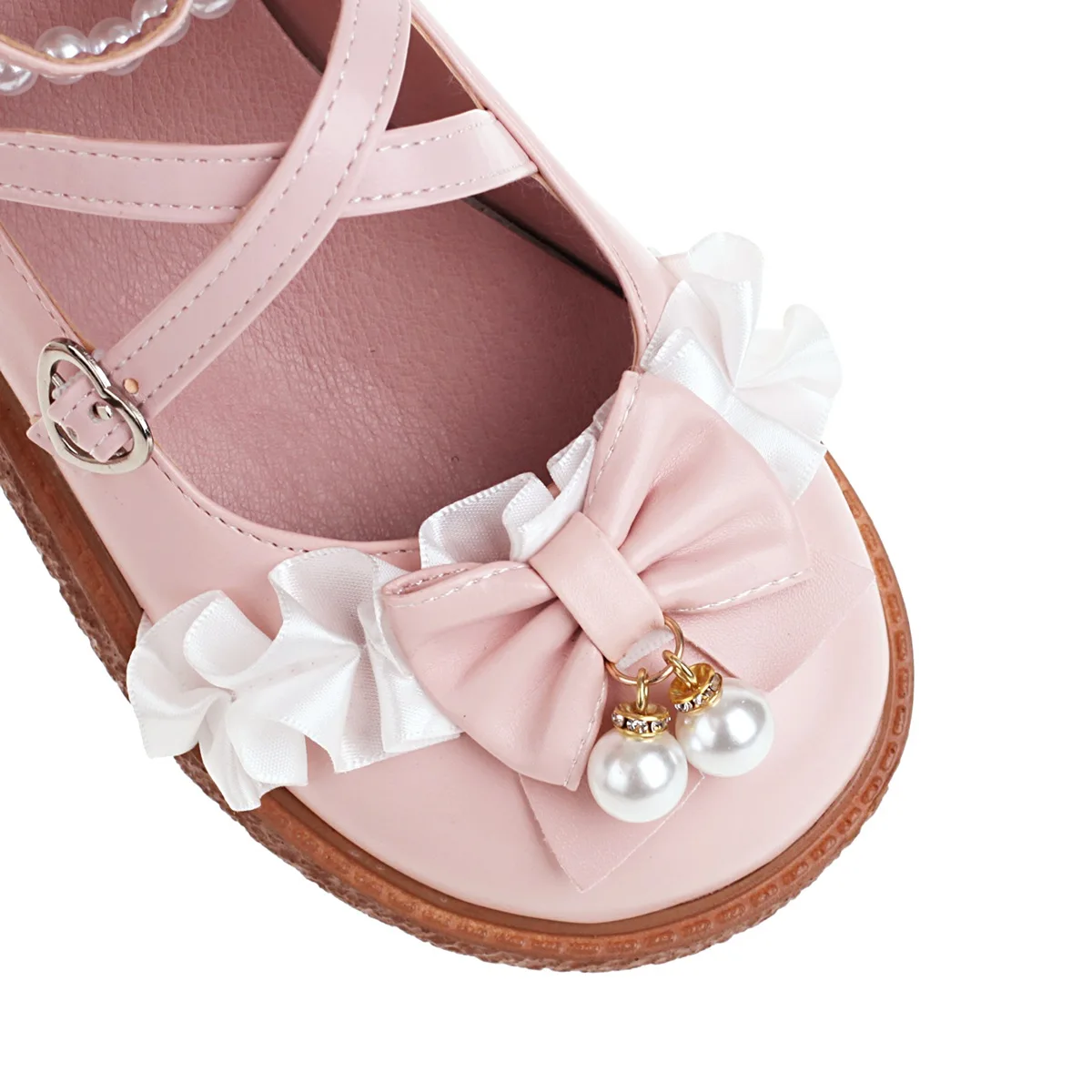 Women Sweet Bow Platform Mary Janes Shoes String Bead Heart-Shaped Buckle Strap School Pumps Lady Autumn Cute Japanese Cosplay