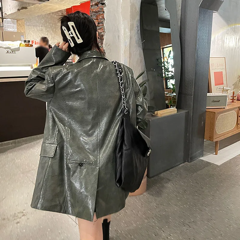 Spring Autumn 2024 Women Green Faux PU Leather Blazer Coat Loose Casual Notched Collar Long Sleeve Female Suit Jacket Streetwear