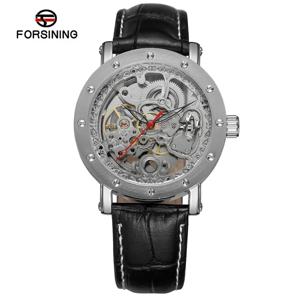 FORSINING mechanical watch Hollow nail scale red hand mechanical watch Silver black belt wrist watch