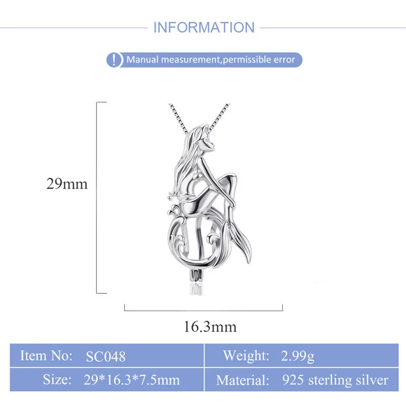 CLUCI 925 Sterling Silver Singing Mermaid Shaped Charms Pendant Women Fairy Tale Silver 925 Pearl Cage Locket Jewelry SC048SB