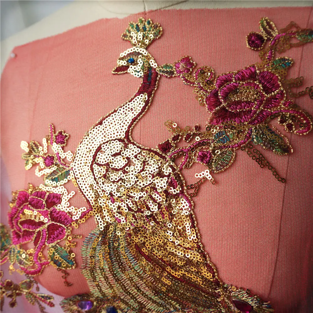 Sequin Peacock Rainbow Rhinestone Feather Tail Embroidered Gown Appliques Lace Fabric Red Mesh Sew Patch For Wedding Decoration