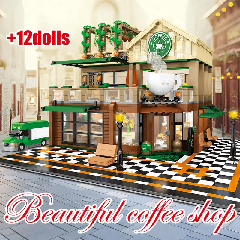 SEMBO 2059Pcs Creative Cafe Coffee Shop Model Building Blocks City Street View Casual House Figures Bricks Toys for Children