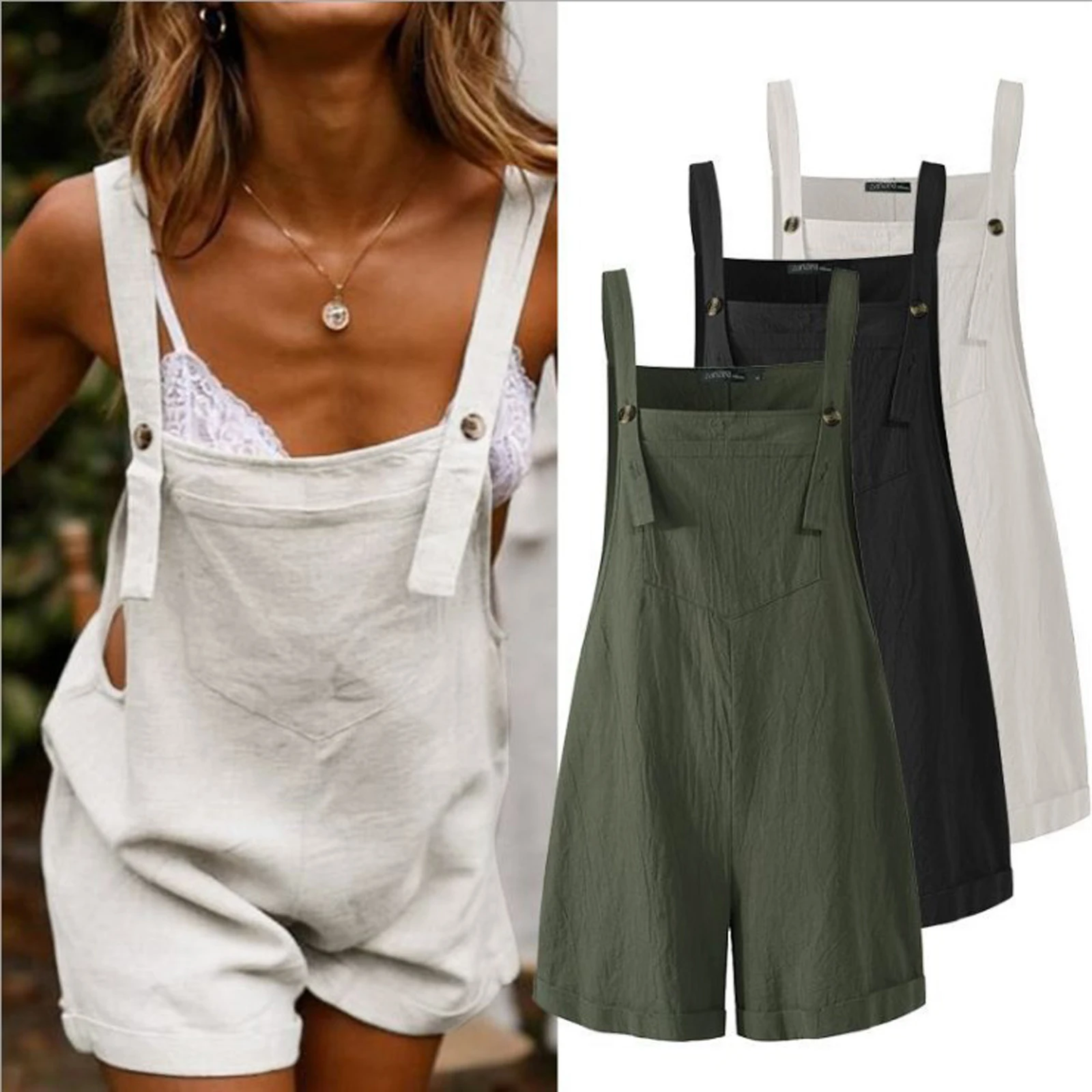 New Fashion Women Loose Style Overalls Solid Color Square Collar Sleeveless White Black Army Green