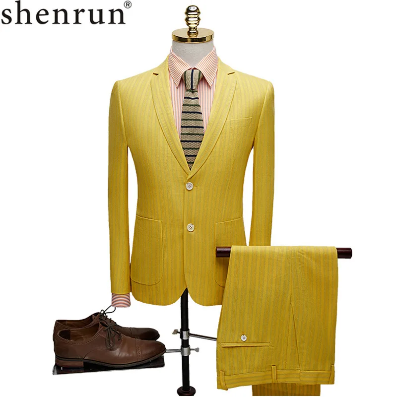 

Shenrun Men New Fashion Suit Slim Fit Yellow Stripe 2 Pieces Jacket Pants Business Formal Casual Wedding Groom Suits Party Prom