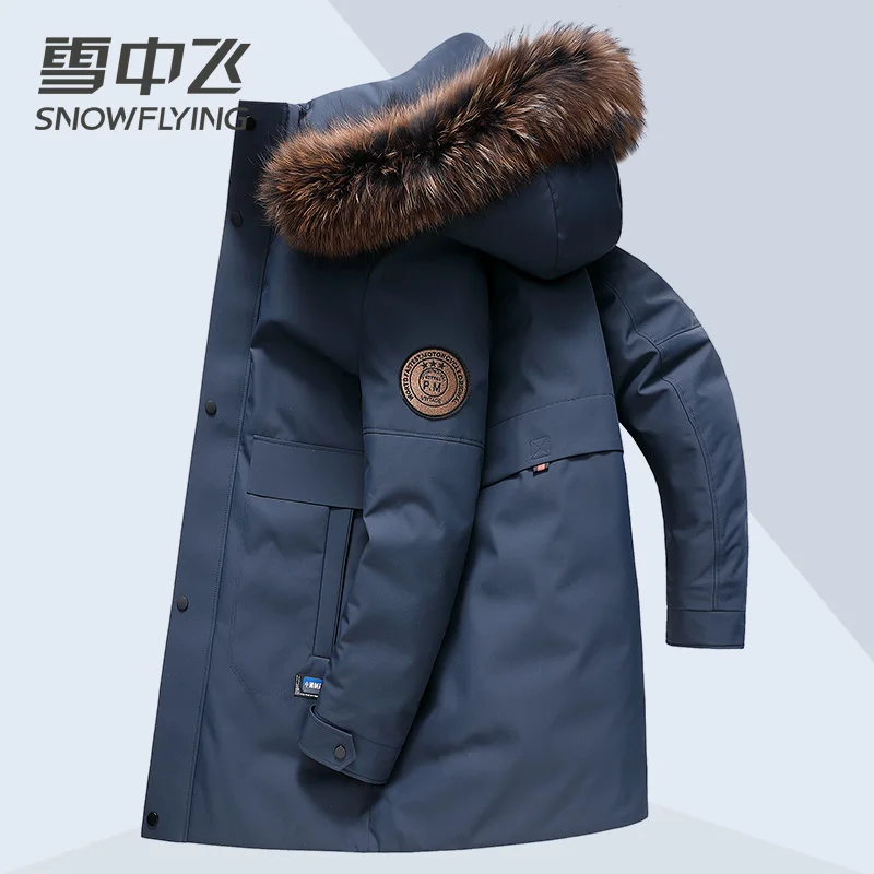 Jaqueta masculina de comprimento médio extremamente frio grosso quente 90% ganso branco para baixo com capuz grande gola de pele casaco de roupas de