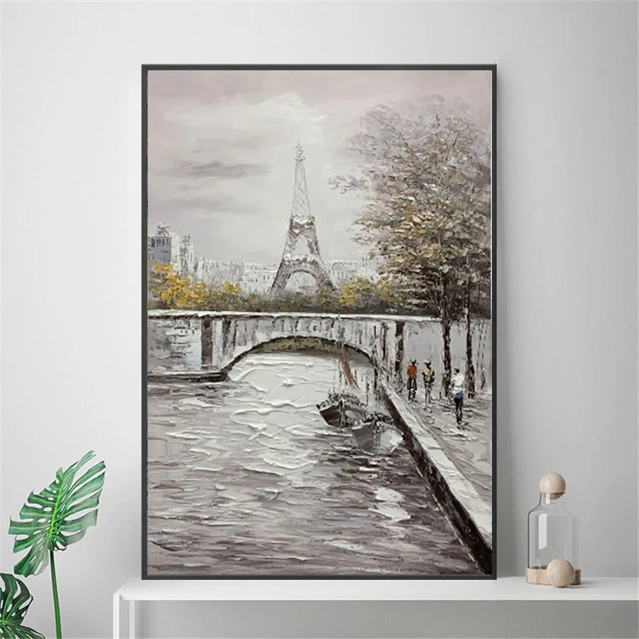 

100% Handmade Oil Painting On Canvas Paris Eiffel Wall Art Picture Modern Landscape Palette Knife Painting For Home Office Decor