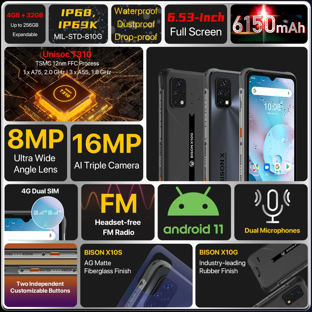 Umidigi สมาร์ทโฟน X10S IP68 X10G/IP69K แอนดรอยด์11กันน้ำที่ทนทาน6.53 "HD + 4GB + 32GB 16MP แบตเตอรี่6150mAh