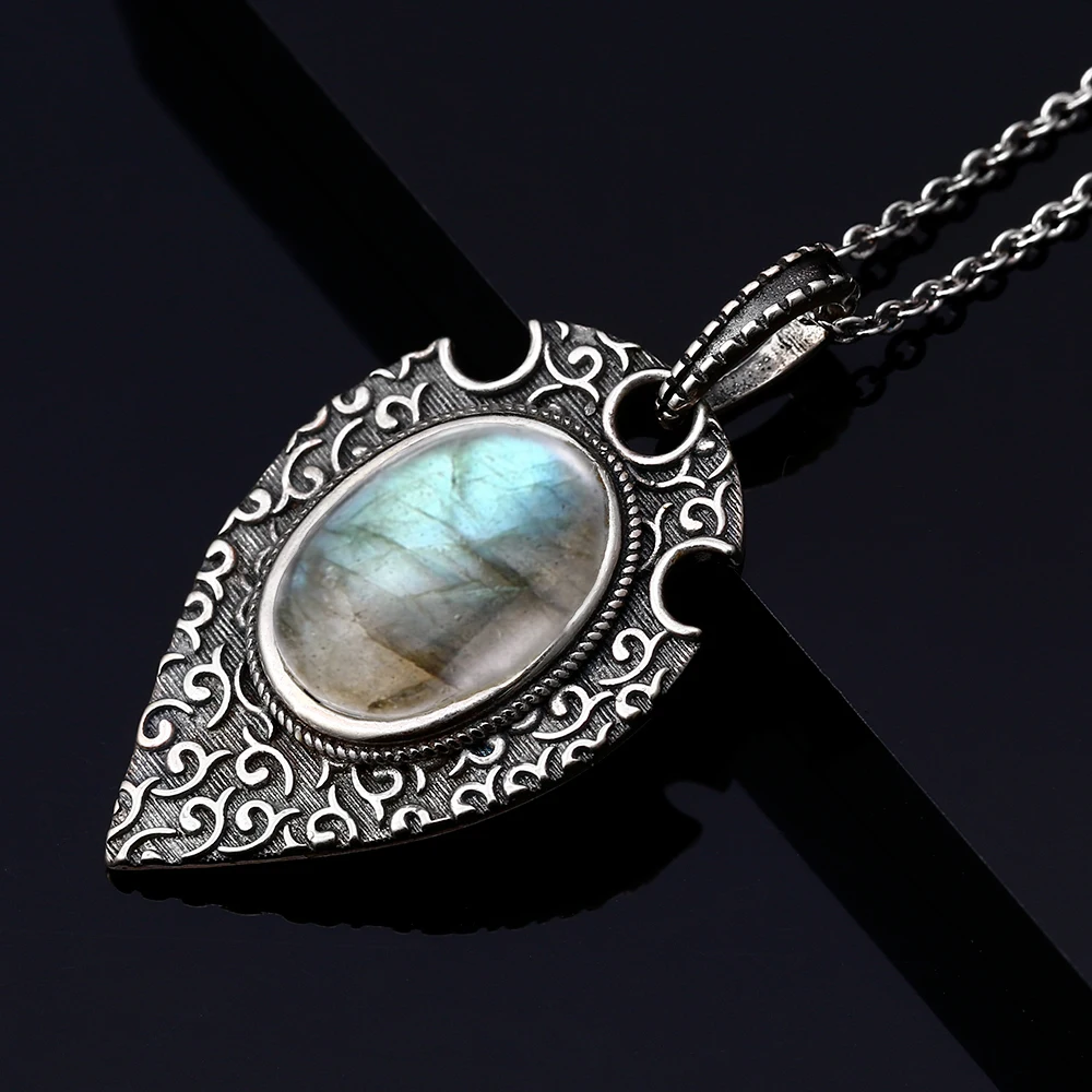 Collier pendentif grand naren argent regardé S925, pierre de lune naturelle, style bohème rétro, fête, 10x14mm, 100%