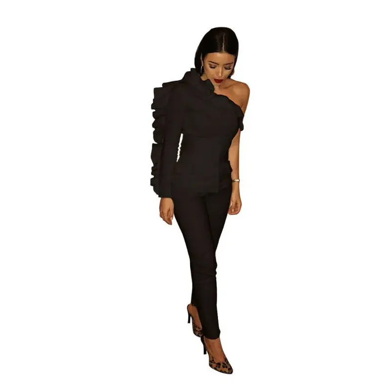 Nieuwe 2020 Mode Sexy Vrouwen Jumpsuits Zwart Wit Polyester Avond Club Bodysuit Rompertjes Falbala 2 Stuks Set Vrouwen Suits