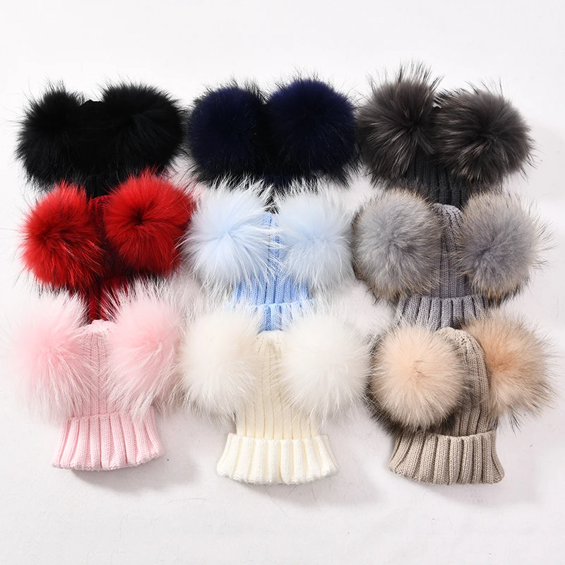 Winter Baby Knit Hat With Two Fur Pompoms Boy Girls Natural Fur Ball Beanie Kids Caps Double Real Fur Pom Pom Hat for Children