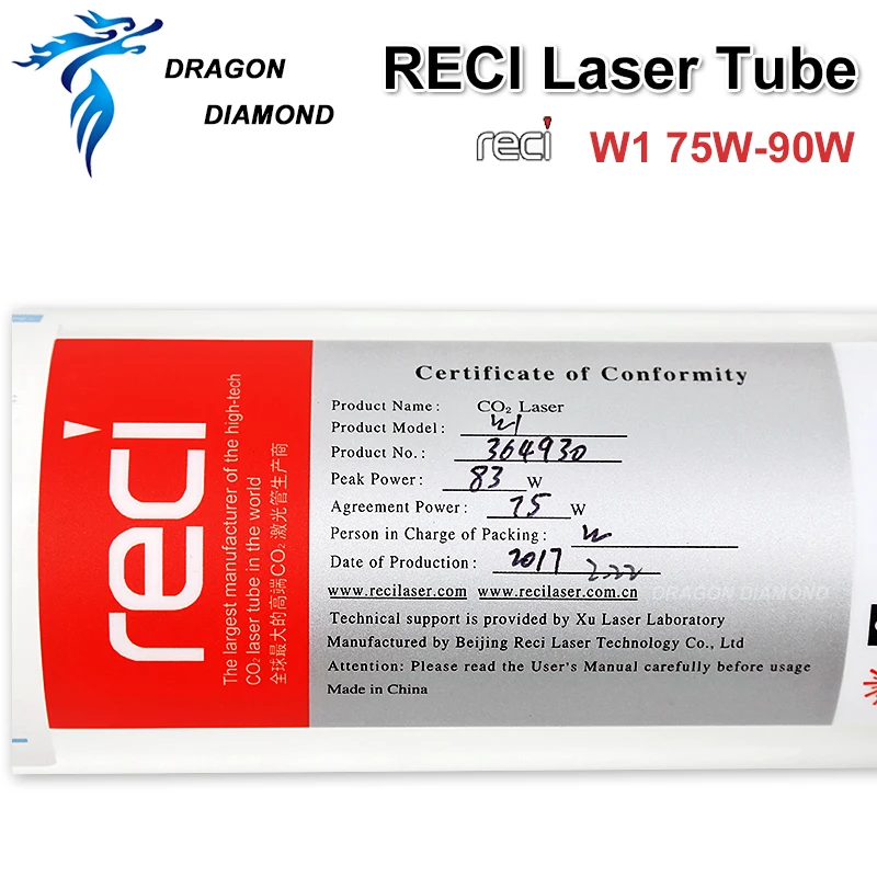 Reci W1 75-90W CO2หลอดเลเซอร์ความยาว Dia.80mm 1100mm กล่องไม้สำหรับเครื่องแกะสลักเลเซอร์ CO2