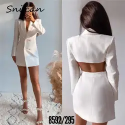 White Hollow Out Waist Back Office Ladies Blazer Femme Autumn Spring Jacket Coat Women Sexy Bodycon Blanche Veste Chaqueta New