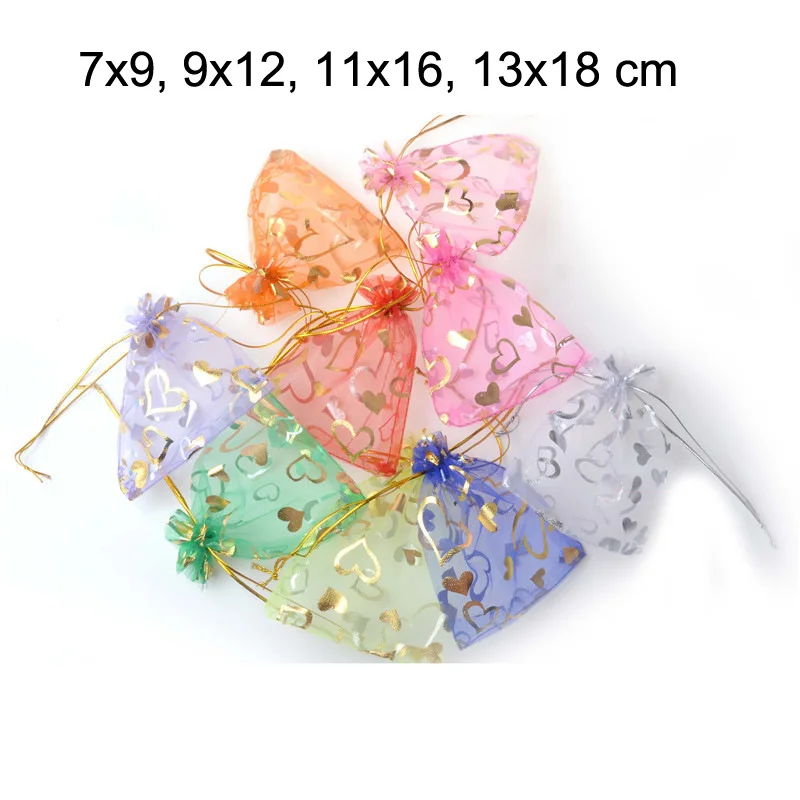 

100pcs/lot 7x9, 10x12, 11x16, 13x18 cm Love Heart Golden Drawstring Organza Gift Pouches Bags Wedding Candy Bag