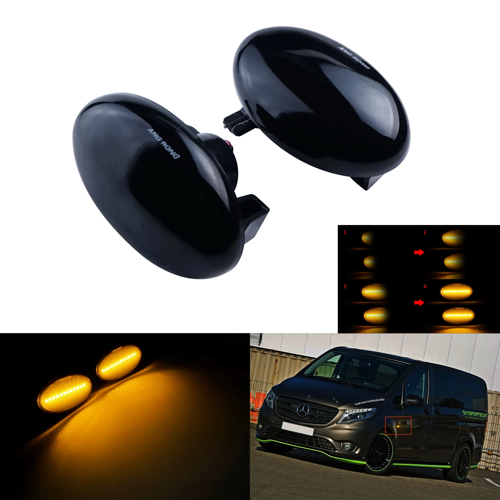 ANGRONG 2X Amber Dynamic Side Indicator LED Repeater Light Black Lens For Smart Fortwo City 450 Roadster 452