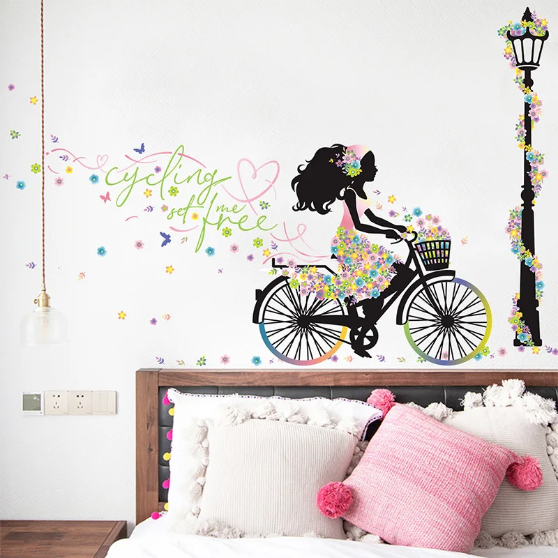Beautiful Cyclist Flowers Girl Wall Stickers Bedroom For Home Decoration Living Room Background Wallpaper Self-adhesive Sticker