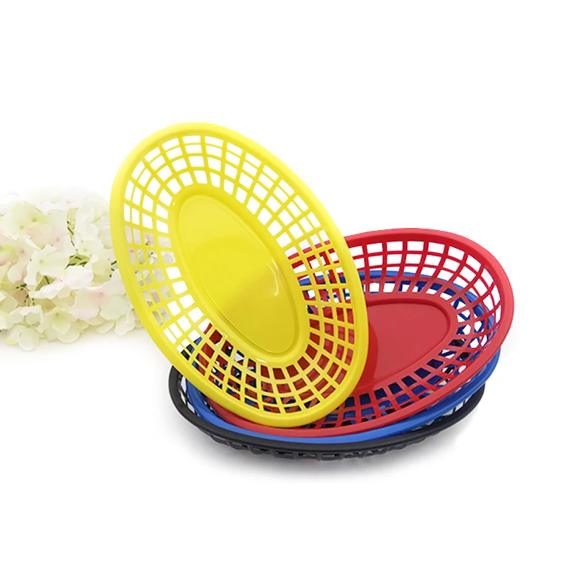 6pcs Red French Fries Basket Plastic Picnic Plates Blue Yellow Oval Fast Burger Serving Tray Dinner Bandeja Restaurant Supply