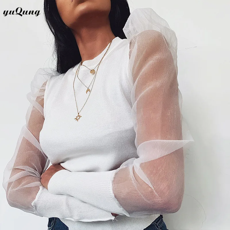 Yuqug-mulheres organza puff manga comprida camisola de malha, camisola fina, cor preta, outono 2019