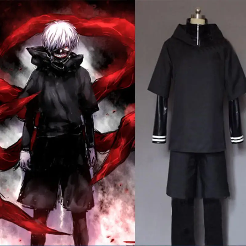 

New Tokyo Ghoul Kaneki Ken Black Coat Hoodie Shorts Uniform Sportwear Anime Cosplay Costumes Shirt+Coat