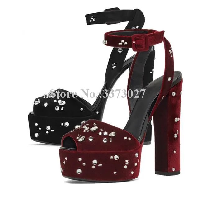 New Crystal Chunky Heel Platform Sandals Women Sexy Peep Toe Wine Red Rhinestone Wedding Shoes Lady Popular Banquet Shoes