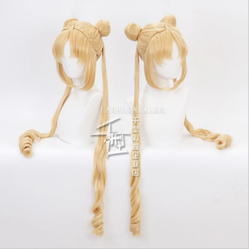 Tsukino Usagi peruka do cosplay długie kręcone blond podwójne kucyki żaroodporne peruki syntetyczne + czapka z peruką