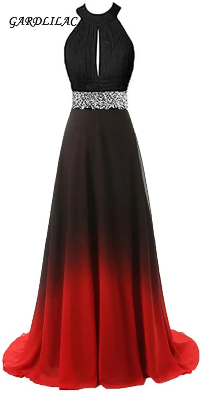 

Gardlilac 2021 Womens Halter Long Evening Dresses Chiffon Beaded Black Red 4 Color Gradient Formal Prom Party Dress