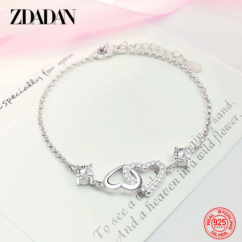 ZDADAN 925 Sterling Silver Heart Shaped White Crystal Fashion Zircon Bracelets For Women Wedding Jewelry Party Gift