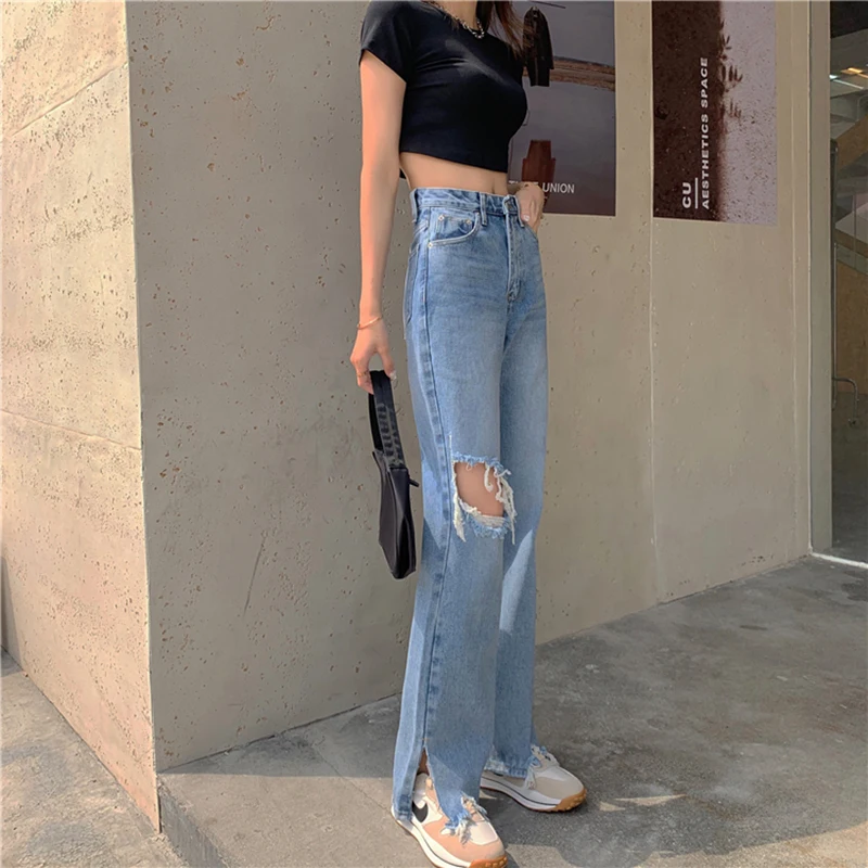 Vintage Y2K Bottom Side Split Holes Jeans Women High Waist Ripped Tassel Denim Pants Girls Slim-Fit Trousers Streetwear Casual