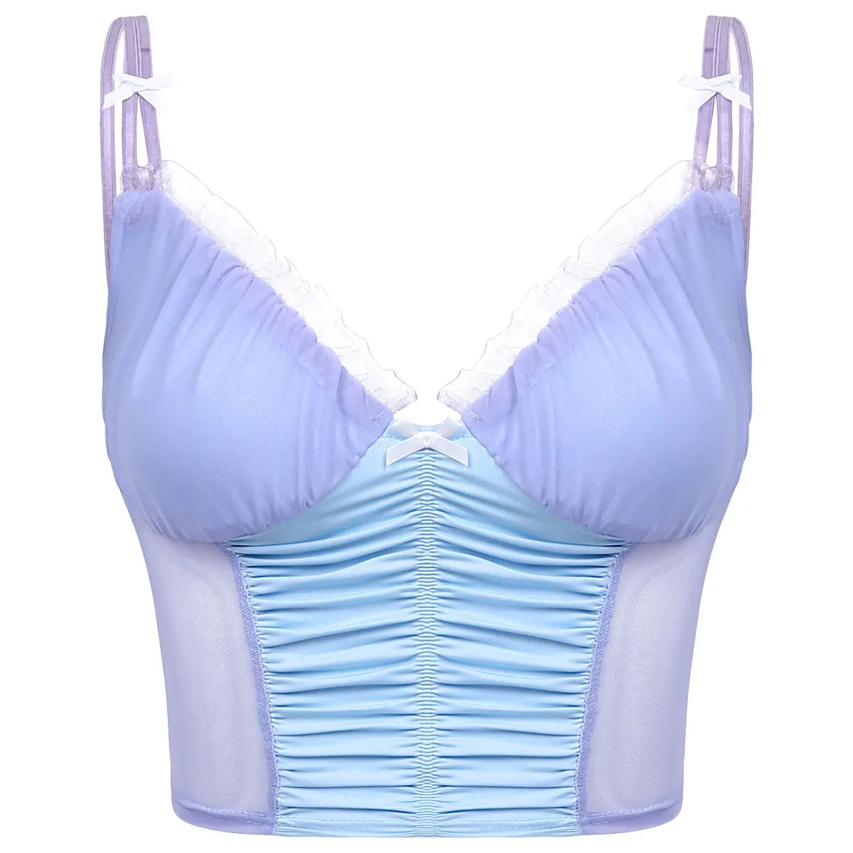 

Women Girl Lace Trimming Mesh Patchwork Crop Top Fashion Casual Front Ruffle Camisole Bow Backless Vest Fashion Daily Chic Tops