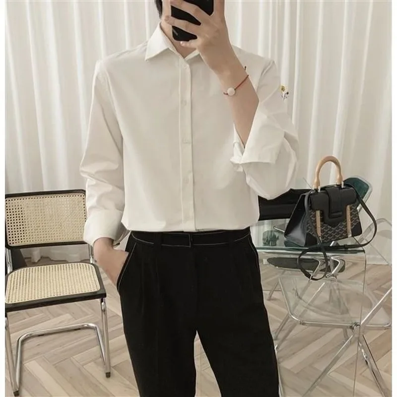 Korean Fashion Four Seasons Ice Silk Men Shirt High Quality Button Long Sleeve Casual Solid Color Loose Men\'s Dress Shirt