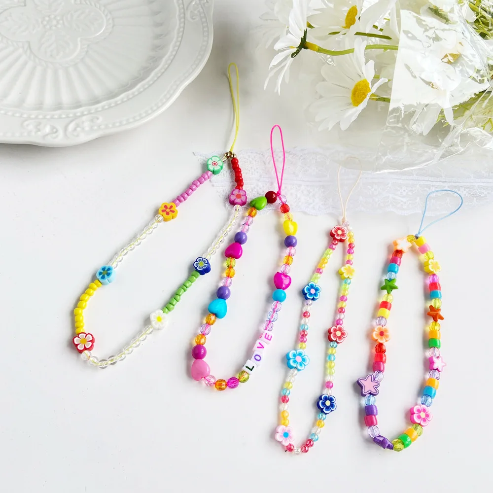 Fashion Colorful Acrylic Beads Mobile Phone Chain For Women Girls Cellphone Strap Anti-lost Lanyard Hanging Cord Jewelry цепочка