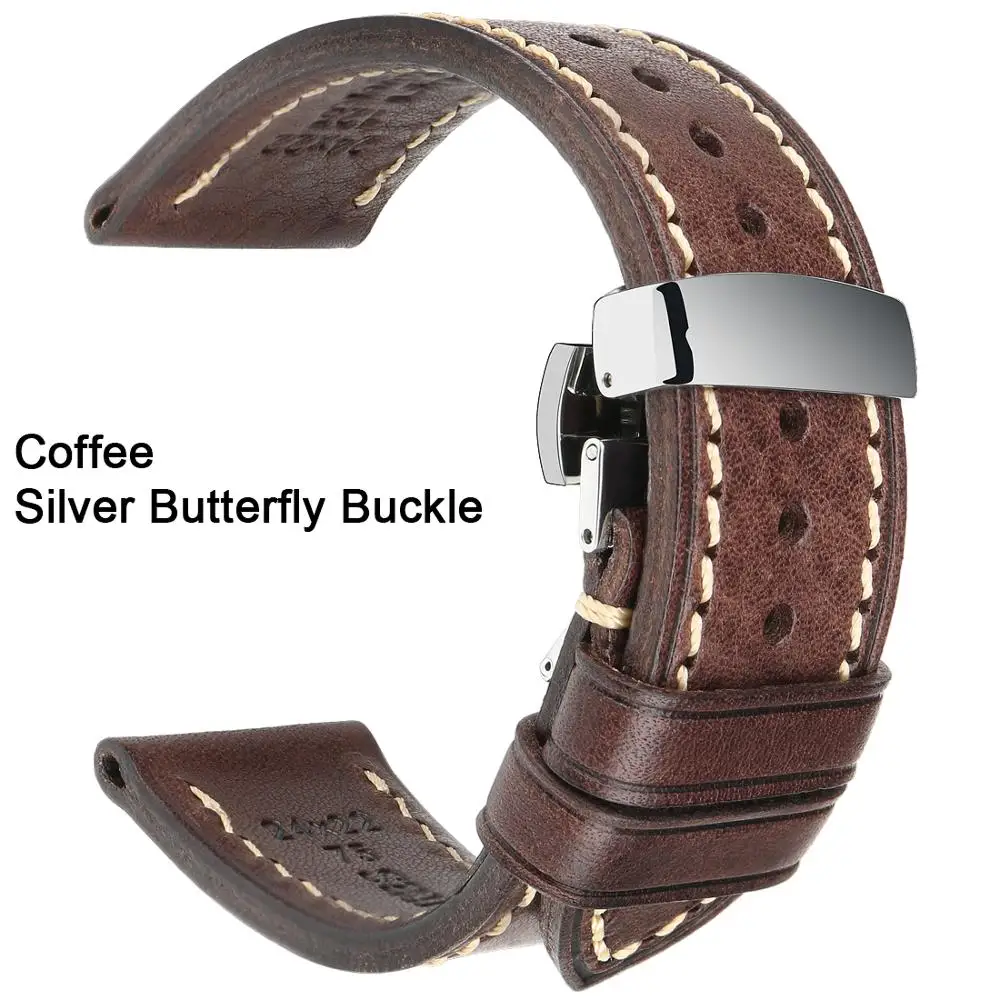 MAIKES Genuine Leather Watch Strap Stainless Steel Buckle Butterfly Clasp Man Women 20mm 22mm 24mm Leather band