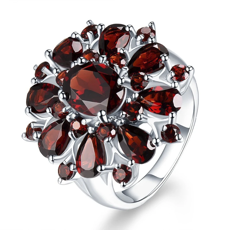 2024 Ladies Jewelry Elegant Silver Color Inlaid Garnet Red Zircon Flower Shape Ladies Banquet Ring Jewelry  Whole Sale