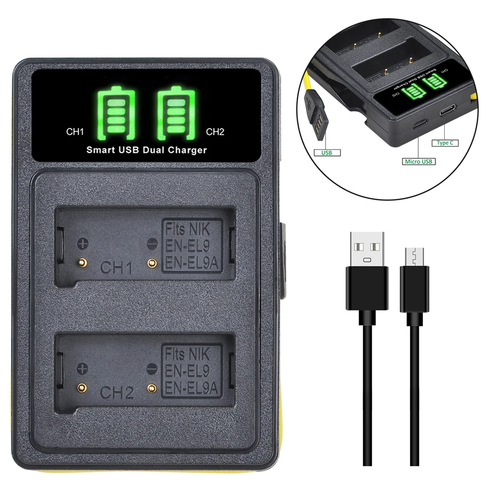 2400mAh EN-EL9 EN-EL9A ENEL9 Batteries/ LED Dual Type C Charger for Nikon D40 D40X D60 D3000 D5000 Digital Camera