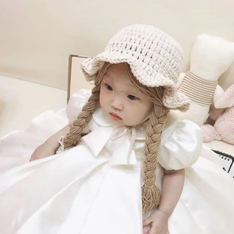 Peluca suave y cálida para niños y niñas, gorro de princesa con trenza grande, tejido para fiesta de cumpleaños y Navidad, 48-52cm, Invierno