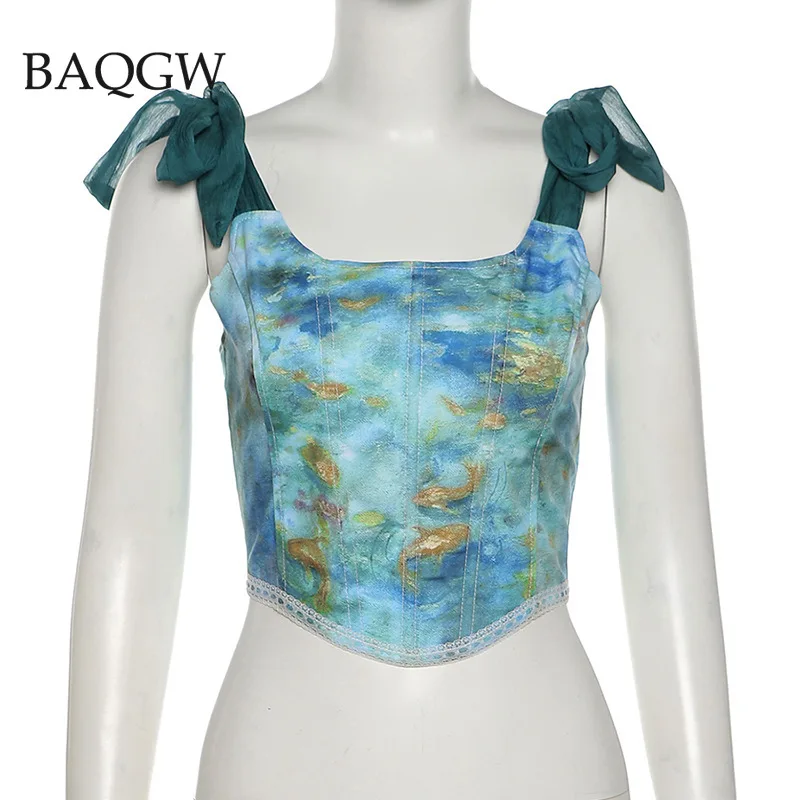 Vintage Aesthetic Print Crop Tops Summer Fashion Bandages Elegant Tank Top for Women Bandages Skinny Clubwear Camisole Corset