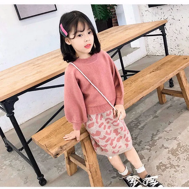 2021 Baby Girl fashion clothing set knitted sweater+leopard skirt Kids autumn Winter solft sweaters suits Children Clothes