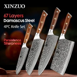 XINZUO 4PCS Kitchen Knives Chef Set Japanese Damascus Stainless Steel New Designed Knife Cleaver Nakiri Knife