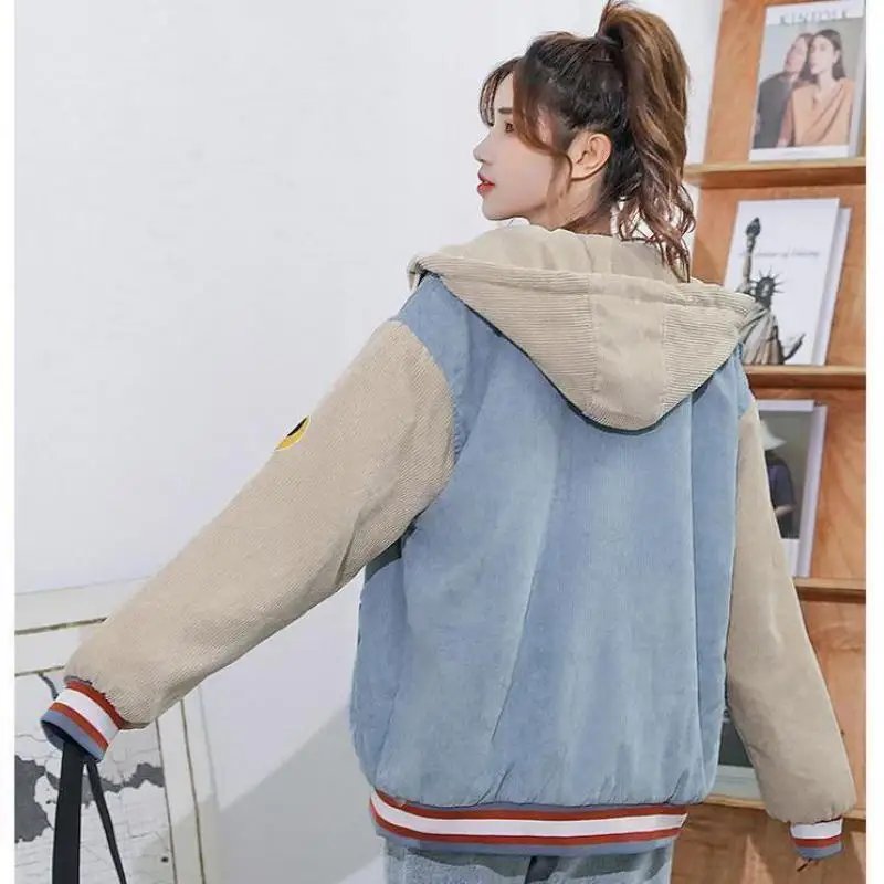 Winter Fashion Blue Plus Velvet College Style Women\'s Hoodie Casual Corduroy Stitching Harajuku Letter Coat Cardigan Sweatshirt