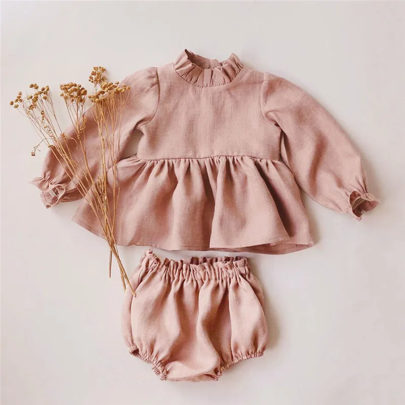 Nowborn Baby Clothes Sets Spring Baby Girl Blouse + Shorts Linen Cotton Girls Clothing Long Sleeve Tops 2pcs Toddler Girls Suit