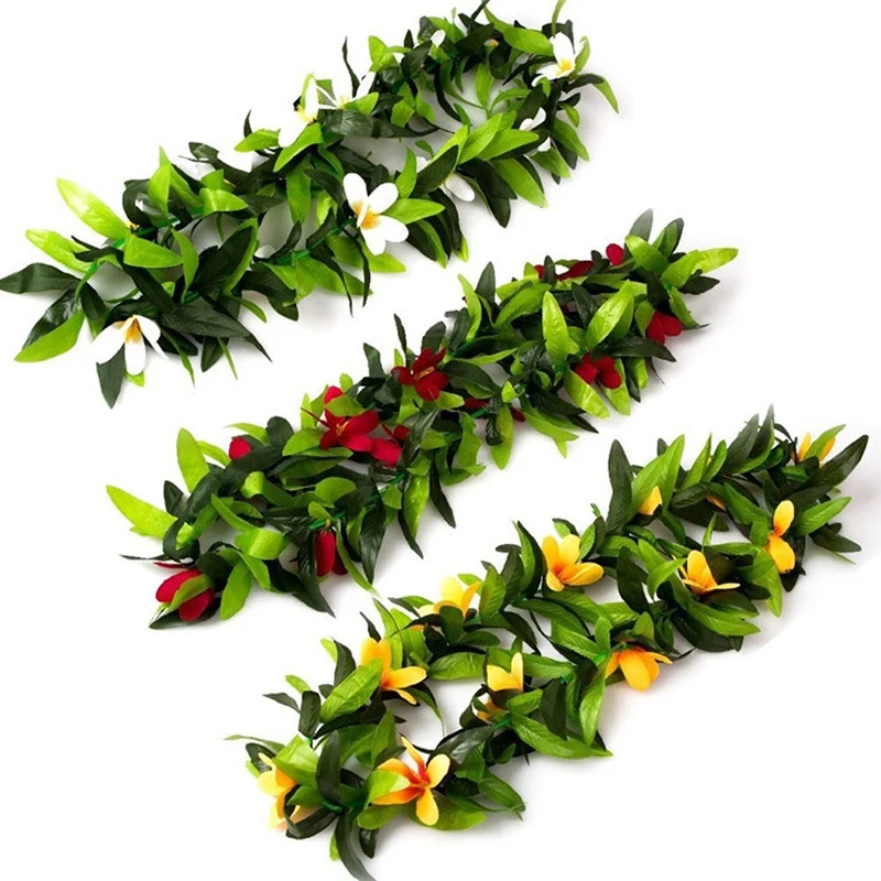 Luau Leis 3 Pcs Artificial Flowers Tropical Hawaiian Lei Leaf Necklaces for Hula Costume and Beach Party