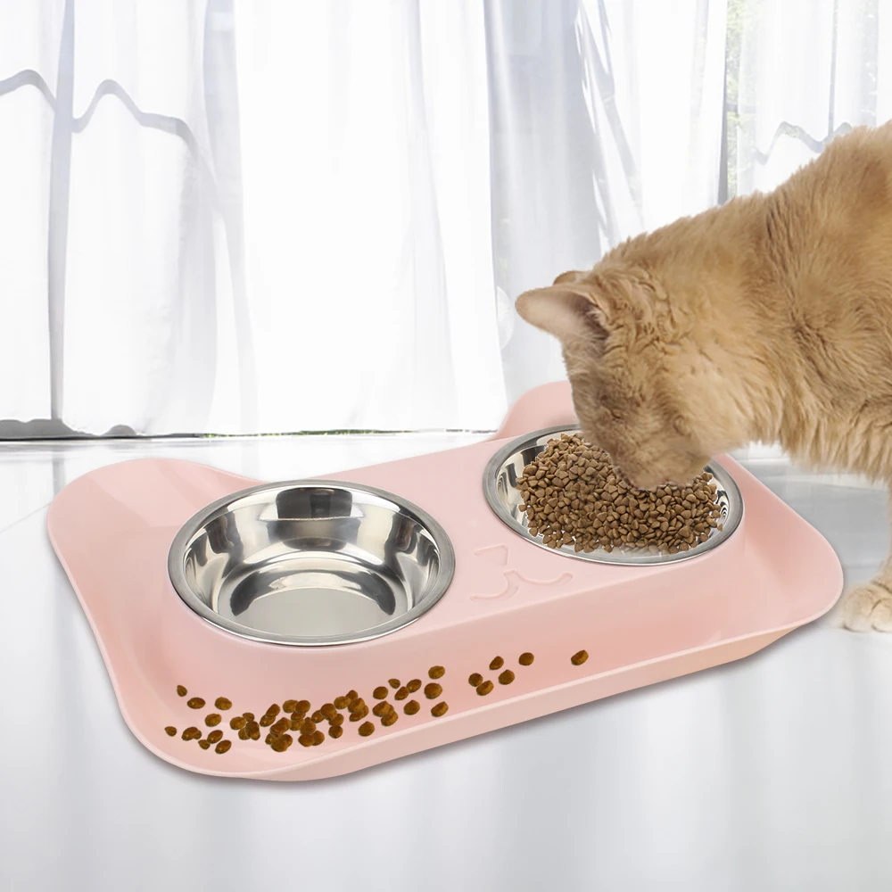 Leakproof No Spill Double Stainless Steel Dish Cat Feeding Pet Drinking Bowl Food Feeder Dog Cat Food Container tray