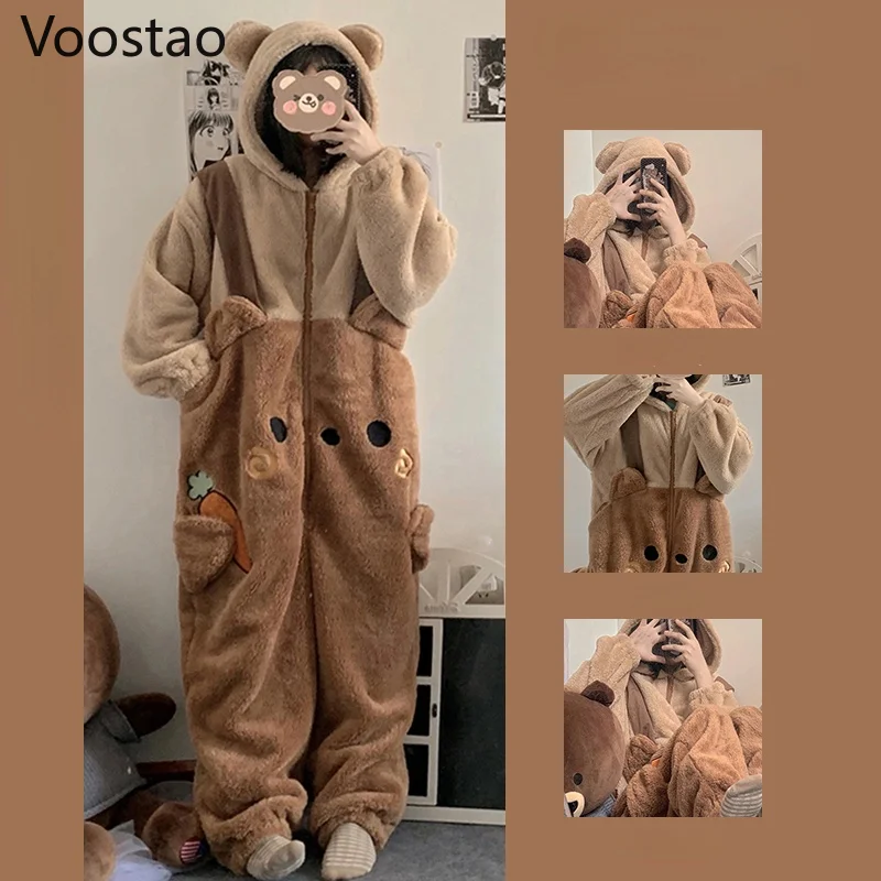 Autumn Winter Women Cute Onesies Pajamas Coral Fleece Warm Cartoon Bear Ears Hooded Sleepwear Girls Sweet Home Clothes Pyjamas