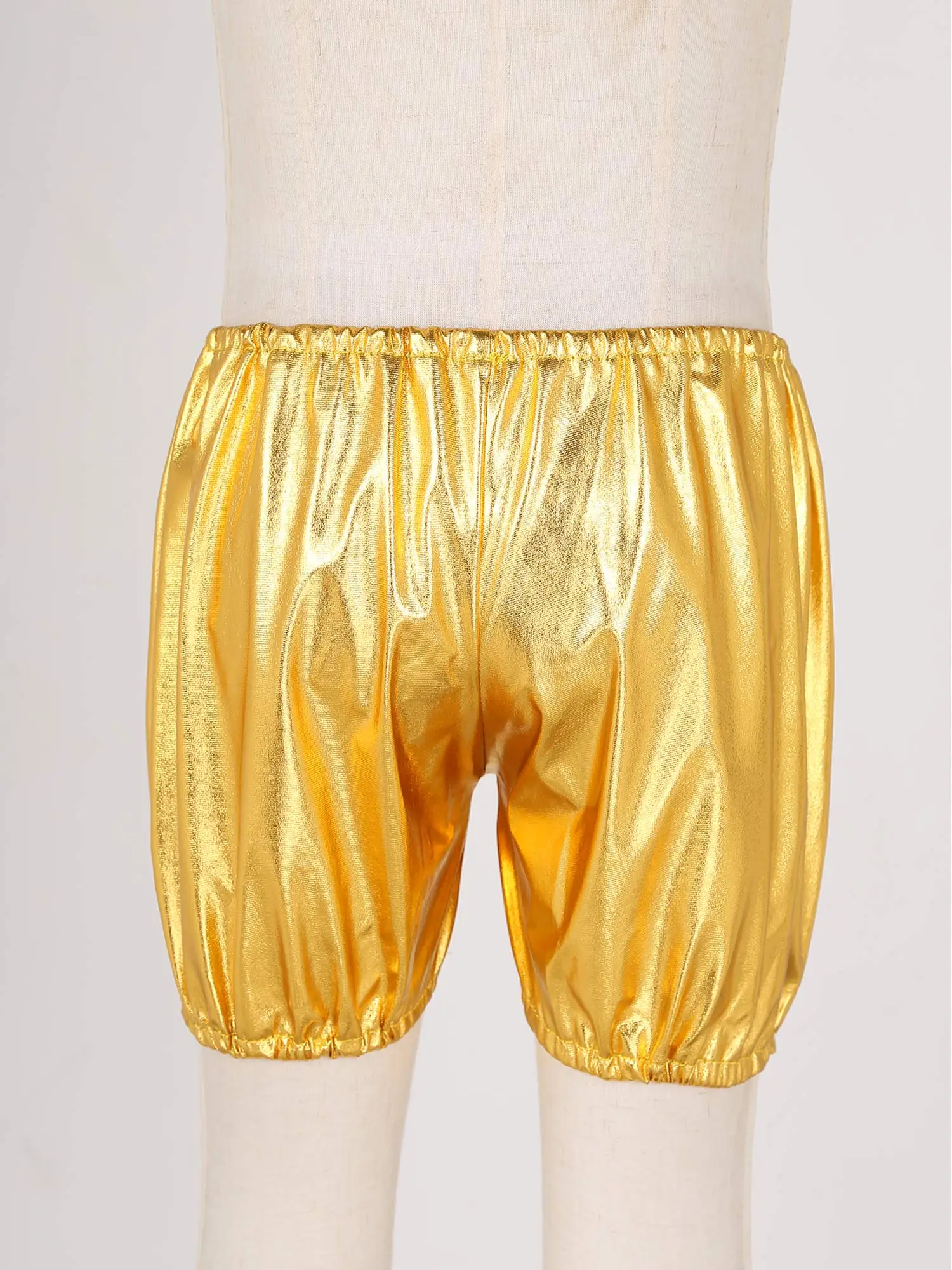 Kids Jazz Dance Shorts Shiny Metallic Bronzing Cloth Solid Color Elastic Waistband Shorts for Performance Party Rave Costumes