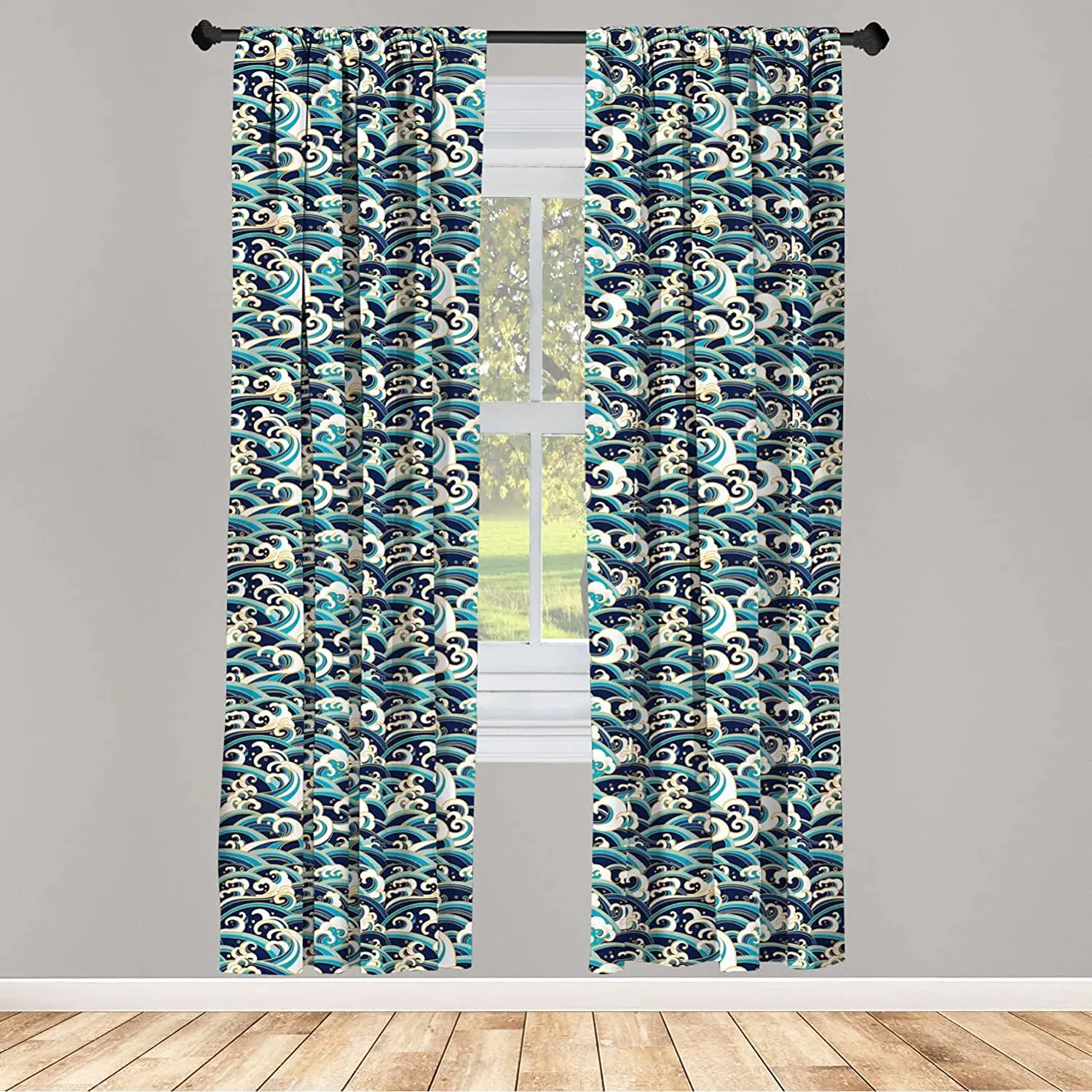 

Blue Gold Nautical Window Curtains Traditional Oriental Style Ocean Waves Pattern Lightweight Decorative