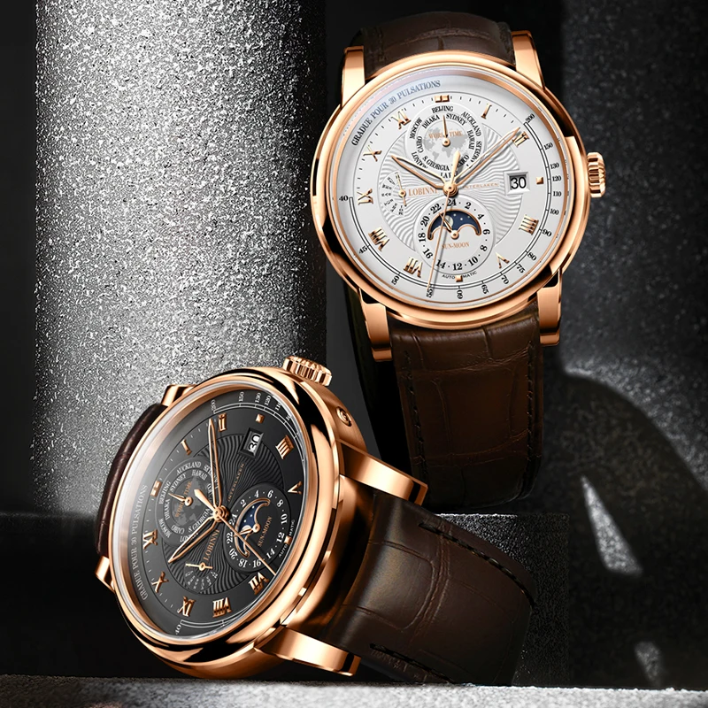 Switzerland LOBINNI Men Watch Luxury Brand Moon Phase Automatic Mechanical Men\'s Wirstwatches Sapphire Leather Seagull Movement