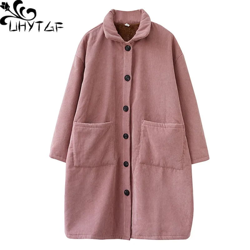 

UHYTGF Winter Jacket Women Corduroy Fleece Thicken Warm Parker Coat Female Mid-Length Large Size Single-breasted Outerwear 1631